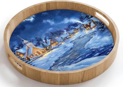 Dienblad rond 40x40 cm - Schootdienblad hout - Winteravond - Kerstdorp - Donker - Borrelplank rechthoek - Plateau houten dienbladen