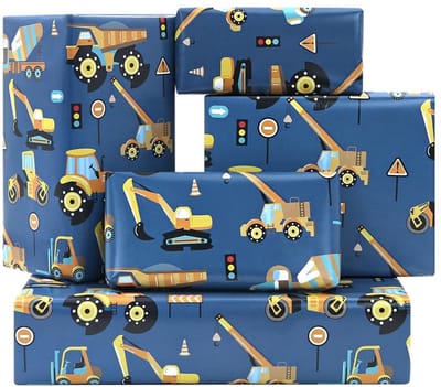 Allecto - Tractor-kiepwagen - Bouwvoertuigen - Feestelijk cadeaupapier - 50 x 70 cm - Vrachtwagens - Perfect voor kinderen - Blauw
