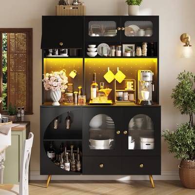 Moderne dressoir met LED-verlichting - kast met USB-poort en stopcontact - met geperforeerd paneel - lades en glazen planken - zwart