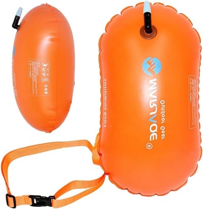 Opblaasbare zwemboei met heupriem voor veiligheid in open water, triatlon en snorkelen, oranje