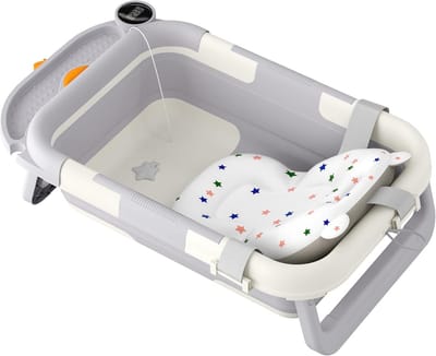 Opvouwbaar babybad met thermometer en badkussen - Antislip, draagbaar, voor pasgeborenen en peuters