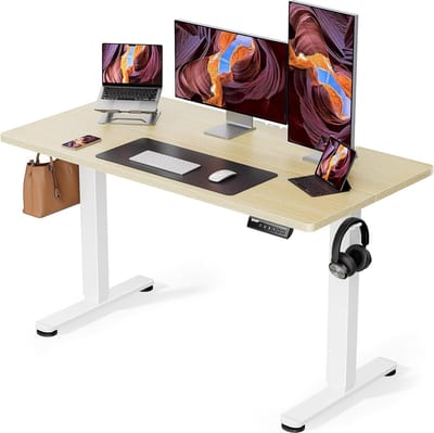 JGS® - Verstelbare Bureau 120 x 60cm Ergonomische Sta-Zit Tafel Computertafel voor Thuis Kantoor Natuurlijk Kleur -