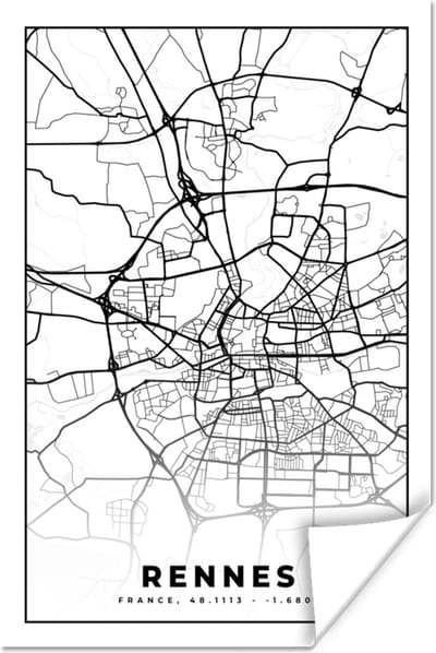 Poster Frankrijk - Plattegrond - Rennes - Stadskaart - Kaart - Zwart wit - 120x180 cm XXL