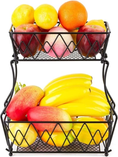 Fruitmand 2 niveaus - Keuken organizer - Fruit bewaren - Afneembaar design - 28x19x33 cm - Zwart