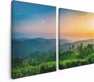 Artaza Canvas Schilderij Tweeluik Zonsondergang Op Een Thee Plantage  - 120x80 - Foto Op Canvas - Canvas Print