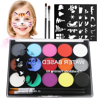 Wateroplosbare Verfset voor Gezichts- en Lichaamsverf, 15 Kleuren voor Halloween en Cosplay, Inclusief 2 Penseel en 32 Patronen voor Creatieve Projecten