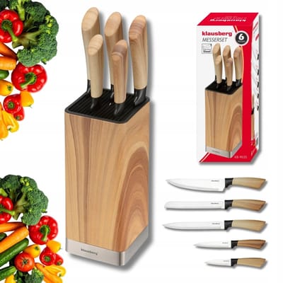 Klausberg - Messenset - 6 Delige - Keukenmessenset - 5 RVS Keukenmessen - Messenhouder - Professionele Koksmessen - Keukenaccessoires met Messenblok - Houtlook