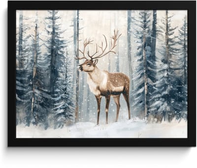 Poster in lijst - Fotolijst 40x30 cm - Posters - Rendier - Sneeuw - Woud - Wit - Posterlijst zwart - Decoratie - Wanddecoratie woonkamer - Muurdecoratie slaapkamer