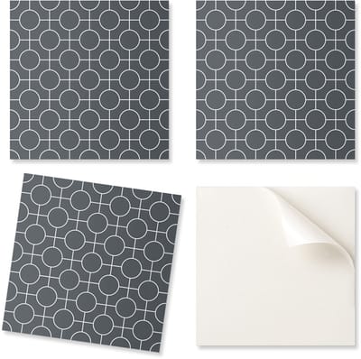 Vinyltegels met een motief voor een eenvoudige muurrenovatie: geometrisch patroon van cirkels en lijnen, 20x20x20 cm