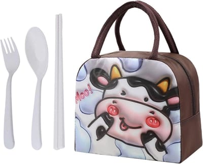 Allecto Plus - Cartoon lunchtas met koe en eetset voor kinderen - Waterdichte tas met grote capaciteit
