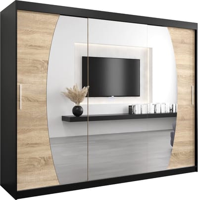 InspireMe - Kledingkast met 3 schuifdeuren, Modern-stijl, Een kledingkast met planken en een spiegel (BxHxD): 250x200x62 - GLOBE 250 Zwart Mat + Sonoma Eik