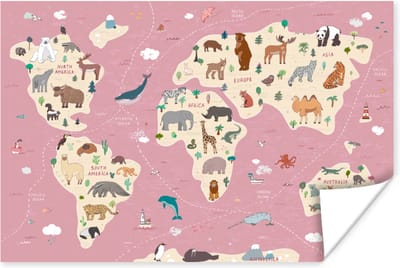 Poster kinderen - Wanddecoratie meisjes - Wereldkaart - Dieren - Aarde - Jongens - Meiden - Roze - Kinder decoratie - 30x20 cm - Poster kinderkamer