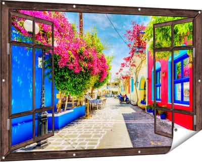 Gards Tuinposter Doorkijk Kleurrijke Straat op het Eiland Kos, Griekenland - 150x100 cm - Tuindoek - Tuindecoratie - Wanddecoratie buiten - Tuinschilderij
