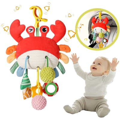 Jouet de dentition pour bébé Crabe à cordon à tirer en silicone, Améliore la reconnaissance des couleurs, la coordination œil-main et la motricité, Cadeau d'anniversaire