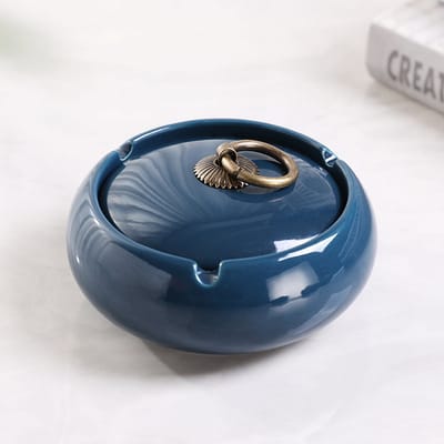 Handgemaakte Keramische Asbak Met Deksel – Decoratief – Voor Terras, Bureau & Kantoor – Ideaal Voor Rokers & Woondecoratie-11x11x5.6 cm-Diepblauw