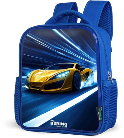 NoBoringSuitcases.com® - Rugzak blauw - Schooltas jongens - Gele sportwagen in lichttunnel van snelheid - Kinder rugtas jongen - Boekentas kind - Kinderrugzak voor school - Schoolrugzak
