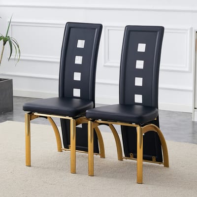 Eetkamerstoelen Set Van 2 - Eetkamerstoel - Eetkamerstoelen - Opengewerkte patronen - Gewatteerde zitting - PU - Metalen stoelpoten - Modern Design - Zwart, goud