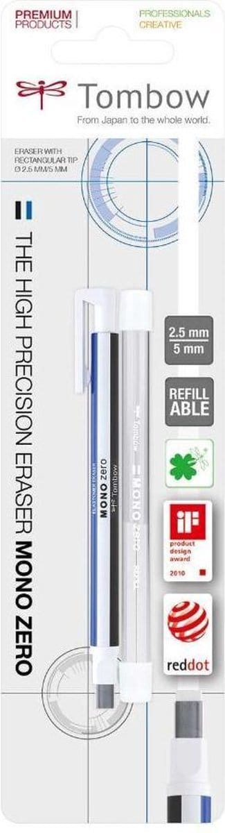 Tombow Mono - Intrekbare Gumpotlood + 3 Vullingen - Rechthoek - 2,5x5 mm - Blauw/Wit/Zwart