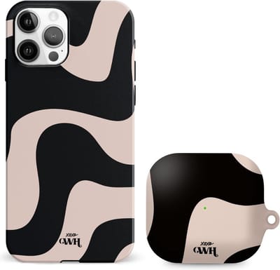 xoxo Wildhearts telefoonhoesje geschikt voor iPhone 11 Pro met AirPods 3 hoesje - set - Ride With Me - Double Layer - Telefoonhoesje met dubbele beschermlaag - Golvend patroon case - Zwart en beige
