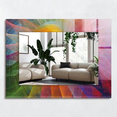 Wallfluent Spiegel - Kleurrijke Abstracte Spiraal Veiligheidsglas - 80x60 cm - Kleurrijk Vierkante Spiegel - Spiegel met decoratief motief - Inloopkastspiegel - Badkamerspiegel - Toiletspiegel - Make-up Spiegel - Wanddecoratie Spiegel - Montageset