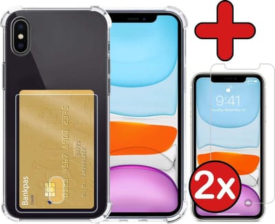 Hoesje Geschikt voor iPhone X/Xs Hoesje Met Pasjeshouder Case Met Kaarthouder Met 2x Screenprotector - Hoes Geschikt voor iPhone X/Xs Hoesje Shock Proof Case - Transparant