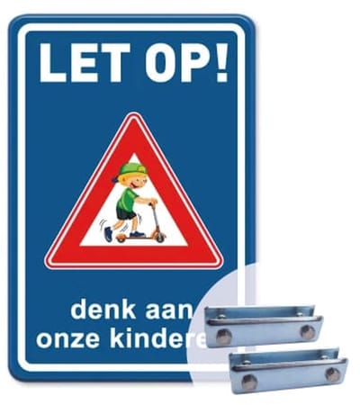 Bord Let op - Denk aan onze kinderen - blauw - Weerbestendig Aluminium - 40x60 cm - Bevestiging: Met hekbeugels (voor spijlen- of gaashek)