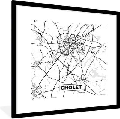 Fotolijst incl. Poster Zwart Wit- Cholet - Frankrijk - Plattegrond - Stadskaart - Kaart - Zwart wit - 40x40 cm - Posterlijst