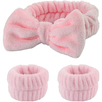 Lavage du visage bandeaux pour femmes corail polaire bandes de cheveux manchette bandes imperméables bracelets absorbants bandeau cheveux accessoires ensemble rose