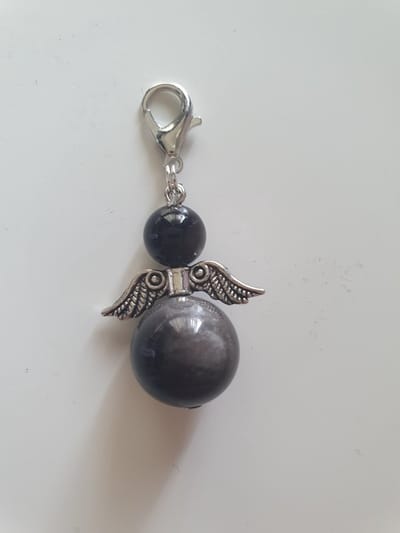 Beschermengel Zilver Obsidiaan hanger zilver, tashanger, sleutelhanger, geluk engel, kerstengel, kersthanger, kerst ornament, kerst, cadeau, autodecoratie, geluk engel, bescherm engel, engel, edelsteen, spiritueel, babyshower.
