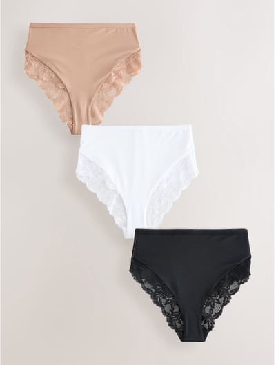 Next - Dames - Set van 3 hoog uitgesneden slips met hoge taille met microvezel en kant - Zwart