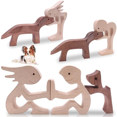 Dailygoods - 3 paar houten figuren, sculptuur, ornamenten, creativiteit, houten figuren, hond voor thuis, kantoor, woonkamer, hondenliefhebbers, handgemaakt houten beeldje, puppy's