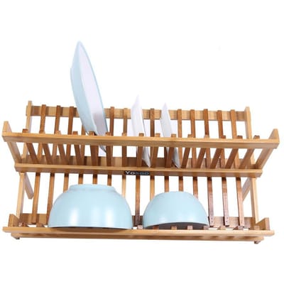 Dubbellaags Houten Opvouwbaar Afwasrek Borden Bestek Droogrek Afdruiprek Houder Keuken White brown