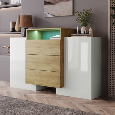 Dressoir - 140x30x77,5 cm - Hoogglans Dressoir Met LED Verlichting - Met Legplanken - MDF - Wit Houtkleur