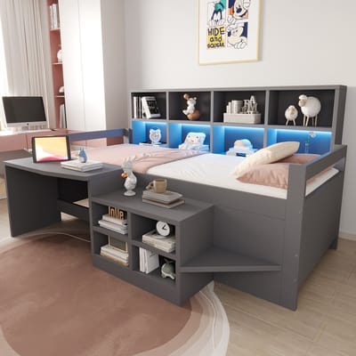 FloraGrace Halfhoogslaper 90x200 cm - Bed Met Bureau En USB Aansluiting - Met Opbergruimte En LED - Kinderkamer - Hout - Grijs - Zonder Matras