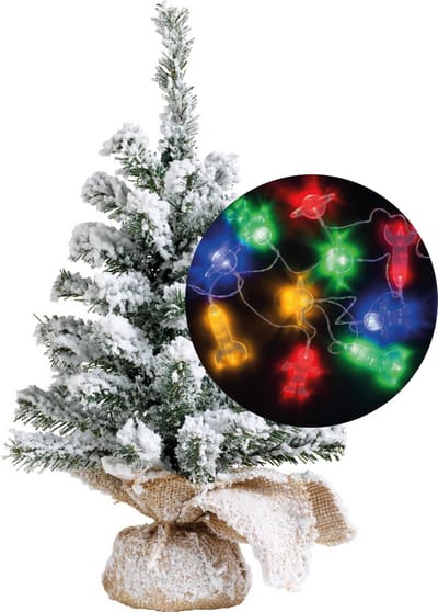 Mini kerstboompje besneeuwd - 45 cm - incl. ruimte thema lichtsnoer 165 cm - kunststof