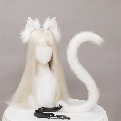 2 stuks/set Pluche Kattenoren Staart Set Realistisch Lolita Hoofdband Kattenstaart Cosplay Accessoires Handgemaakte Simulatie Dierenoortjes ear and tail beige