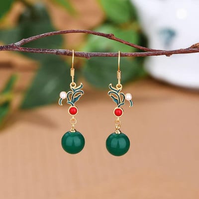 Oude Gouden Ambacht Chinese Stijl Retro Emaille Oorbel Ingelegd Natuurlijke An Jade Oorbellen Voor Vrouwen Klassiek Ontwerp Sieraden brown