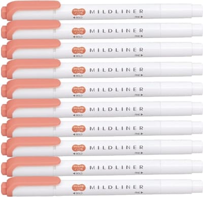 Zebra Mildliner Double-Sided Highlighter - Fine / Bold – Mild Vermilion Set van 10 + een Luxe Zipperbag - WKT7-MVE