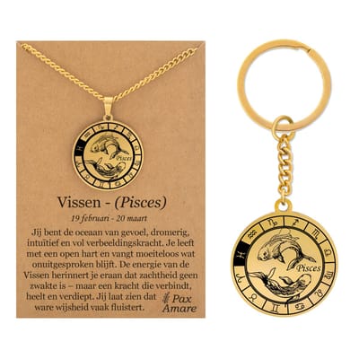 Sterrenbeeld Vissen / Pisces Ketting + Sleutelhanger - Goudkleurig - Stainless Steel op Cadeau Kaartje- 60cm - Pax Amare