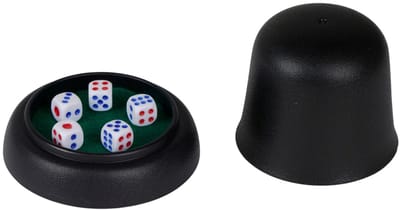 Eddy Toys Dice Game 7-delige Dobbelspel Set - Inclusief Beker en 5 Dobbelstenen - Ideaal voor Familiespelletjes - Compact Ontwerp - Met Groen Vilten Bakje - 6 x 11,5 x 21,3 cm - Zwart