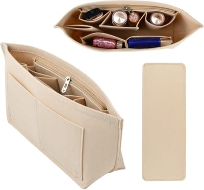 carmdering - Handtas Organizer – Beige Nylon Inzet met Vakken, Rits & Sleutelhanger – Lichtgewicht Waterdichte Binnenvoering – Geschikt voor Tote Bags, Make-up & Reizen- 29 x 15 x 19 cm