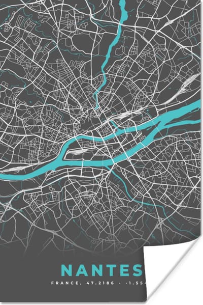 Poster Nantes - Frankrijk - Kaart - Stadskaart - Plattegrond - 120x180 cm XXL