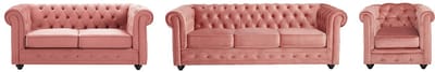 Vente-unique Drie- en tweezitsbank en fauteuil van pastelroze velours CHESTERFIELD
