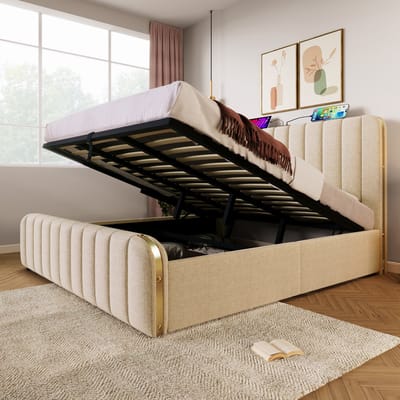 MIVRAY Bed 180x200 cm - Tweepersoons Bed Met USB en Type C Oplaadpunt, Hydraulische Opbergruimte, Zonder Matras - Stof en Metaal - Beige