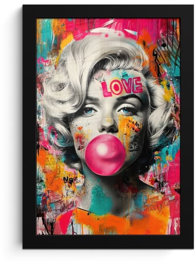 Poster in lijst - Fotolijst 20x30 cm - Posters - Vrouw - Kauwgom - Graffiti - Neonkleuren - Posterlijst zwart - Decoratie - Wanddecoratie woonkamer - Muurdecoratie slaapkamer