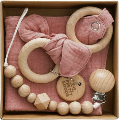 Baby Cadeau – Kraamcadeau Unisex – 3-delige Geschenkset met Bijtring, Speenkoord & Knuffeldoekje – Babyshower / Gender Reveal - Roze