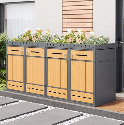 MEUNIQ containerberging voor 4 containers 120-240 liter met plantdak, afsluitbare deuren, ventilatieopeningen en houtlook panelen voor terras of balkon grijs