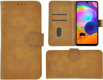 Geschikt voor Samsung Galaxy A31 hoes Effen Wallet Bookcase Hoesje Cover Bruin Pearlycase