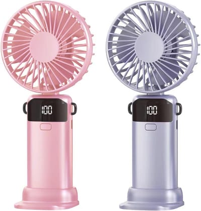 Handventilator oplaadbaar - 5 snelheden, met LED-display, 3-in-1 voor hand nek en bureau, mini ventilator voor reizen festival kantoor en buiten - Roze-Paars