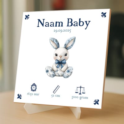 Gepersonaliseerde Baby Tegeltje – Met Naam, Geboortedatum, Gewicht, Lengte en Tijd – Blauw Konijntje